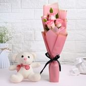 Blushing Pink Roses With Plush Teddy