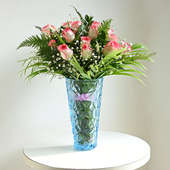Blushing Roses In Crystal Vase