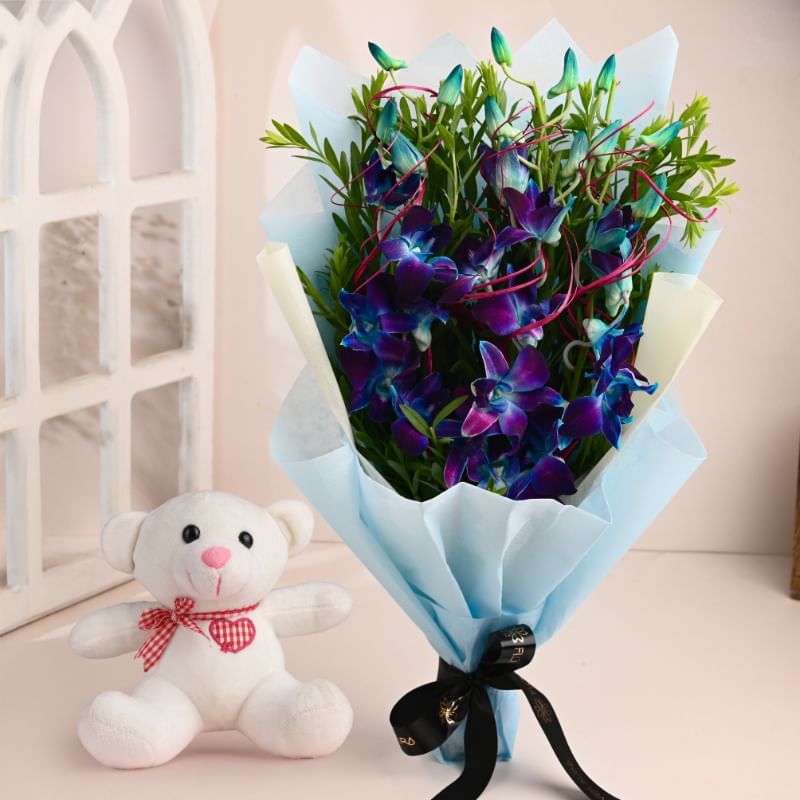 Bold Blue Orchids With Plush Teddy