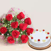 Bouquet N Cake - Bunch of 10 Red Roses with 1 Kg Pineapple Cake