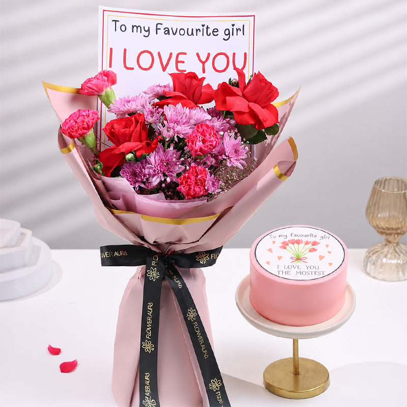 Flower bouquet with vanilla bento cake for favourite girl