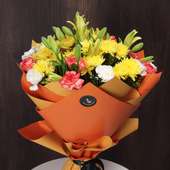 Bouquet Of Elegance - Yellow Daisy, Yellow Lilies, Orange N White Carnations(Side)