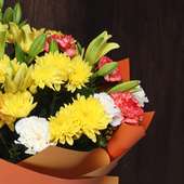 Bouquet Of Elegance - Yellow Daisy, Yellow Lilies, Orange N White Carnations(top)