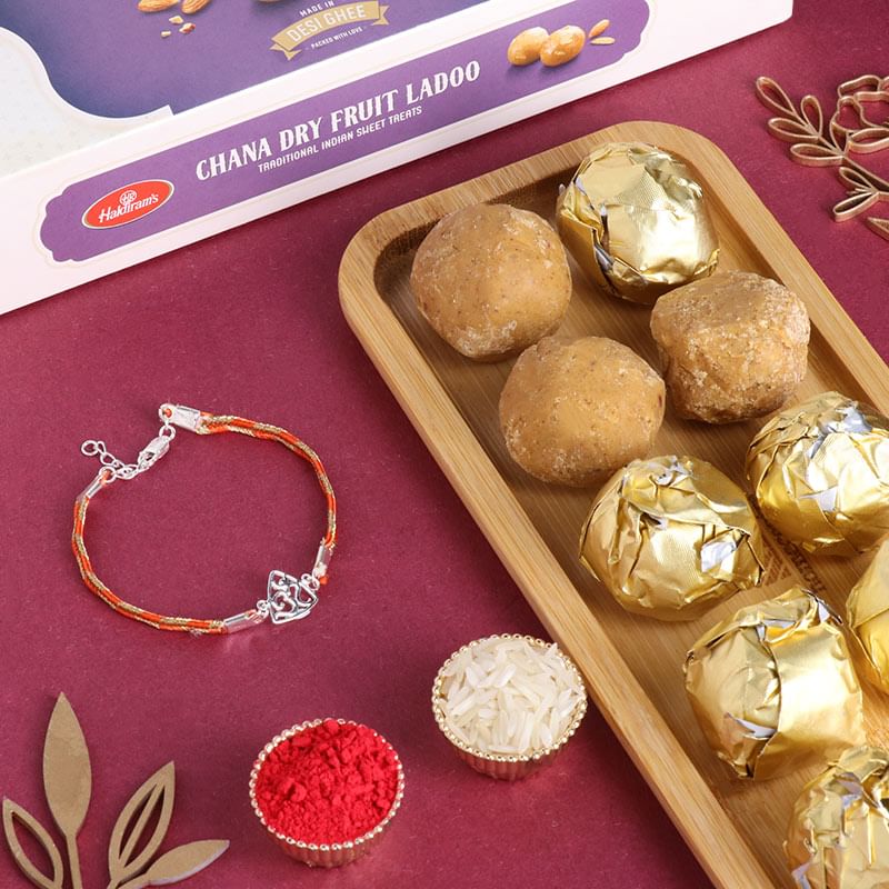 Bracelet Om Silver Rakhi With Chana Dry Fruit Ladoo