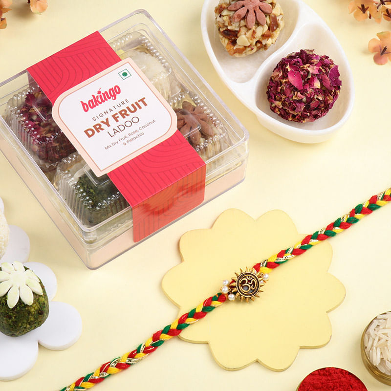 Braided Om Rakhi With Dry Fruit Laddoos-Singapore