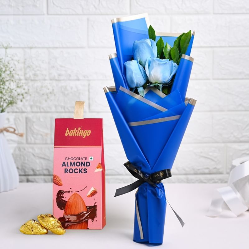Breezy Blue Roses With Choco Almond Treats