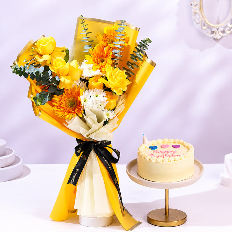 Bright Smiles bouquet with butterscotch bento cake