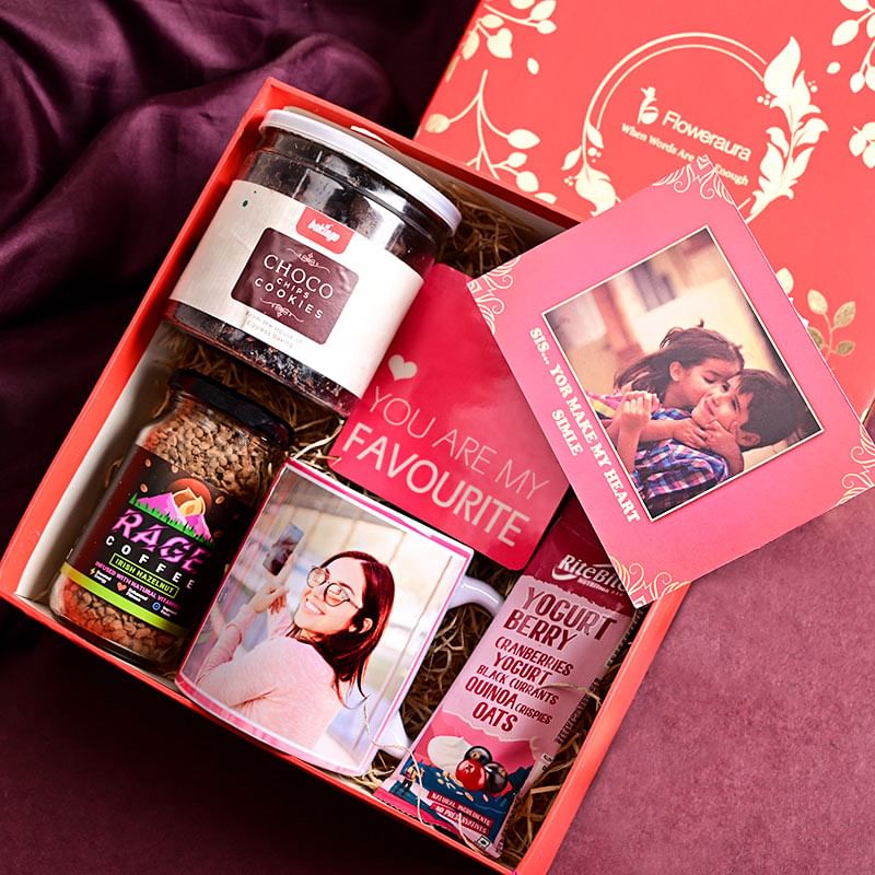 Top view of Brimming Sweet Sister Gift hamper online