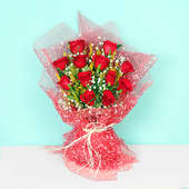 12 Red Roses Bouquet in Red Jute Packing
