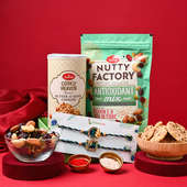 Send Lumba Rakhi Online For Bhaiya bhabhi with Dry Fruits - Choco Cookies Fruit N Nuts With Nutty Mix N Floral Rakhis