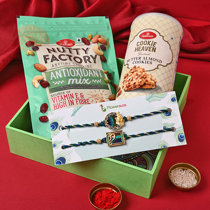 Buy Lumba Rakhi Online For Bhaiya bhabhi with Dry Fruits - Choco Cookies Fruit N Nuts With Nutty Mix N Floral Rakhis