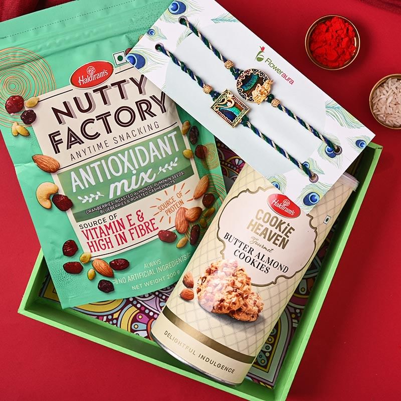 Order Lumba Rakhi Online For Bhaiya bhabhi with Dry Fruits - Choco Cookies Fruit N Nuts With Nutty Mix N Floral Rakhis