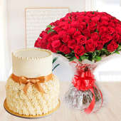 Buttercream Fiesta - Combo of 2 tier butterscotch cake and bunch of 50 red roses