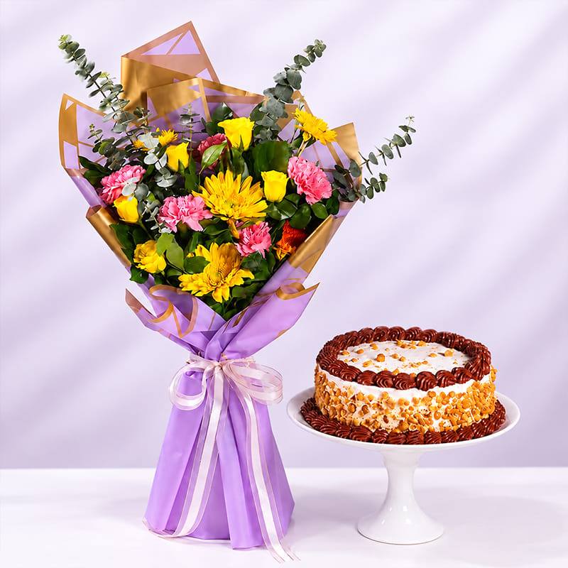 Butterscotch Cake With Sunny Blossom Bouquet
