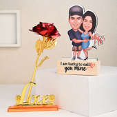 Personalised Caricature N Gold Plated Rose For Valentine
