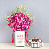 Cake N Orchids Combo - 6 Purple Orchids in Floral Box for Sister 0.5 Kg Blackforest Cake