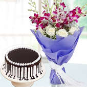 Cakeliciously Floral - Bouquet of 6 Orchids and 5 White Roses in Blue Paper with 1 Kg Black Forest Cake