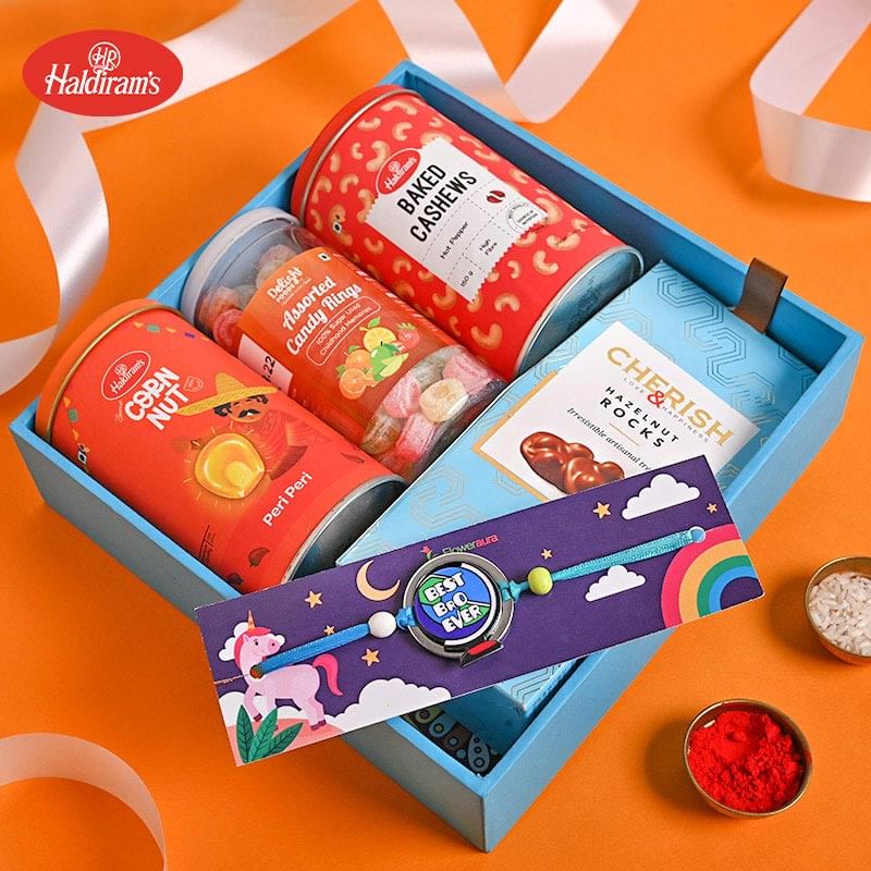 Buy One Best Bro Kids Rakhi Online - Assorted Candy Rings Corn Nuts Baked Cashews Hazelnut Chocolate with Best Bro Rakhi