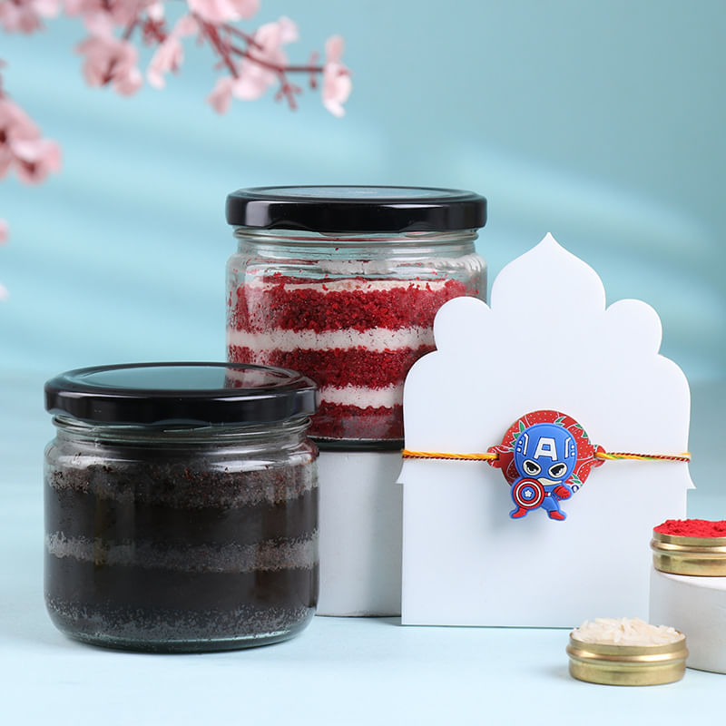Captain America Kids Rakhi With Jar Cakes Duo