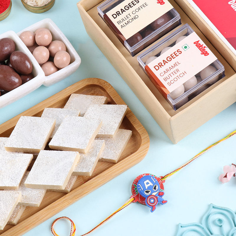Captain America Kids Rakhi With Kaju Katli N Dragees