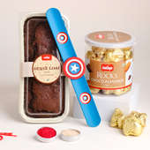 Captain America Rakhi With Choco Almond Rocks N Dry Cake (Kids Rakhi Hampers)