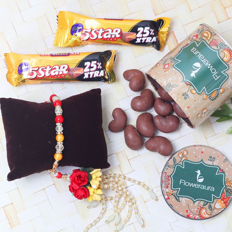 Caramel Rich Choco Rakhi Combo - Set of Bhaiya Bhabhi Designer Rakhi with Complimentary Roli and Chawal and 100gm Choco Cashews in Metallic Container and 2 Cadbury 5 Stars - 19gm each