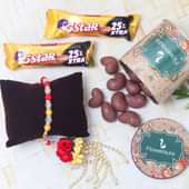 Caramel Rich Choco Rakhi Combo - Set of Bhaiya Bhabhi Designer Rakhi with Complimentary Roli and Chawal and 100gm Choco Cashews in Metallic Container and 2 Cadbury 5 Stars - 19gm each