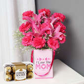 Carnation Box With Ferrero Rochers - Bunch of 10 Pink Carnations and 2 Pink Lilies with Mom Flower Box and Pack of 16 Ferrero Rochers