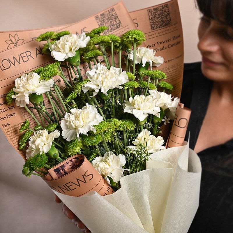 Carnations N Green Button Daisies Blossoming Bouquet