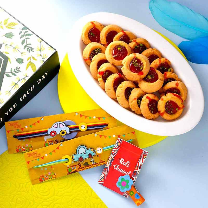 Cartoon Cars Rakhi & Jam Cookie Combo