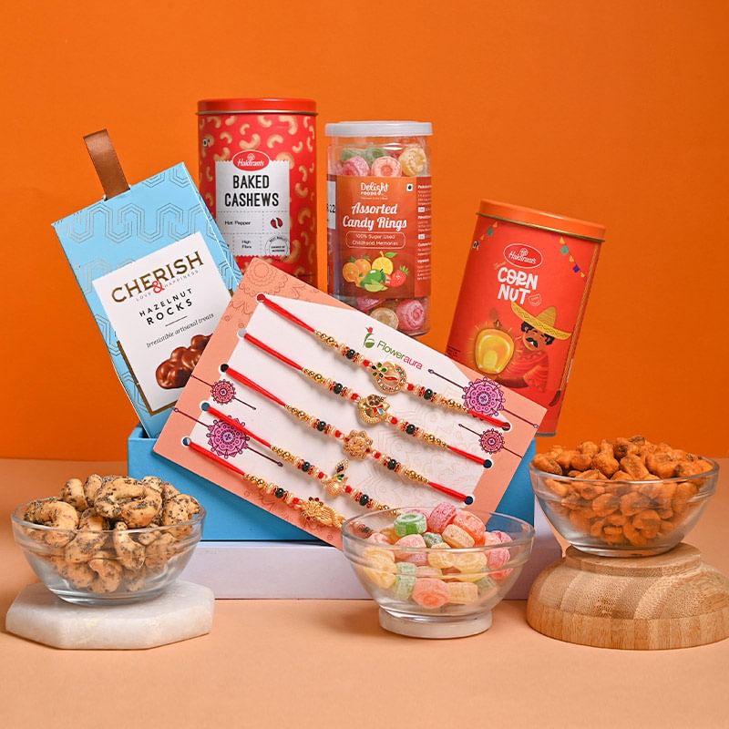 Set Of 5 Devine Rakhi Set Online Delivery - Assorted Candies Corn Nut Hazelnut Rocks N Baked Cashews With Ganesha Rakhis