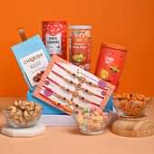 Set Of 5 Devine Rakhi Set Online Delivery - Assorted Candies Corn Nut Hazelnut Rocks N Baked Cashews With Ganesha Rakhis
