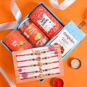 Order Set Of 5 Devine Rakhi Set - Assorted Candies Corn Nut Hazelnut Rocks N Baked Cashews With Ganesha Rakhis