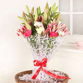 Charismatic Carnation N Lily Bunch - Bouquet of 6 Pink Lilies and 10 Mixed Carnations