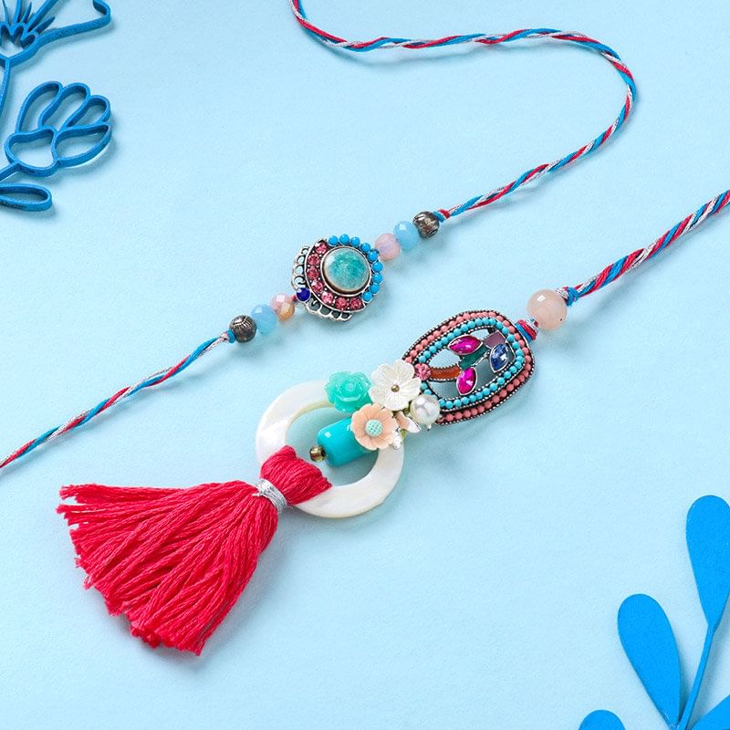 Charming Floral Bhaiya Bhabhi Stone Rakhi Set