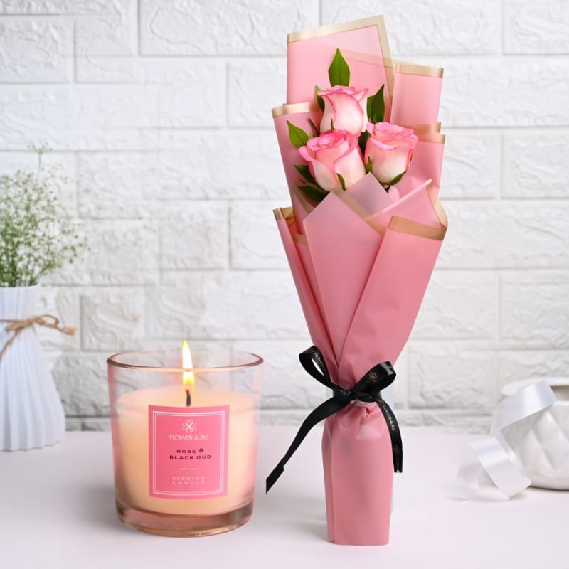 Charming Pink Roses With Scented Candle