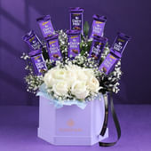 Charming White Roses N Chocolate Bars