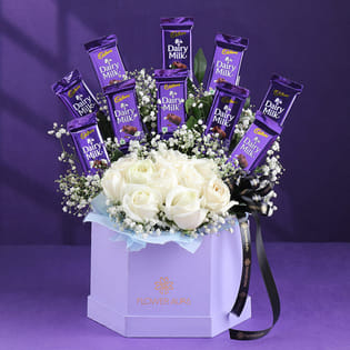 Charming White Roses N Chocolate Bars