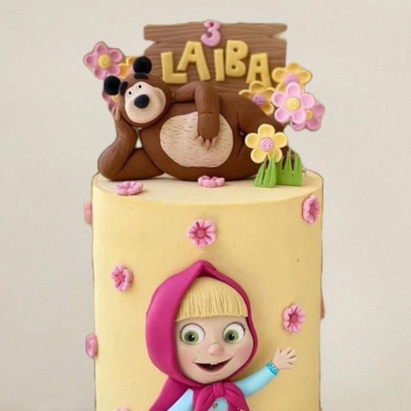 Upper View of Cheerful Masha and Bear Fondant Kids Cake