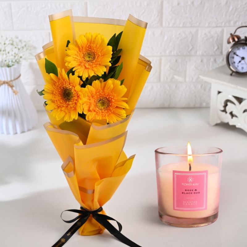 Cheerful Yellow Gerberas With Scented Candle