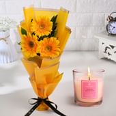 Cheerful Yellow Gerberas With Scented Candle
