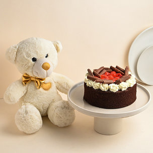 Cherry Black Forest Cake With Golden Bow Teddy Bear