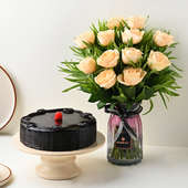 Cherry Topped Chocolate Cake With Peachy Roses