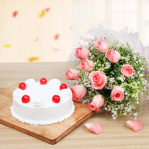 Cherry Vanilla Roses - Combo of 10 Pink roses bunch and Half kg vanilla cake