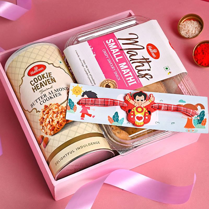 One Chhota Bheem Rakhi Online Delivery - Chhota Bheem Rakhi With Butter Almond Cookies n Mathis