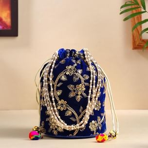 Chic Blue Embroidered Potli Style Bag