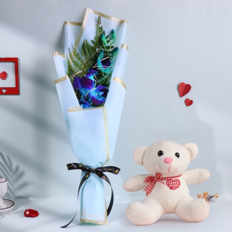 Chic Blue Orchid With Cute Teddy