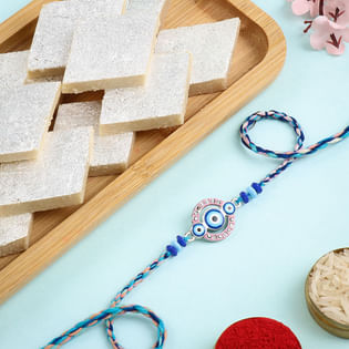 Chic Evil Eye Rakhi With Kaju Katli-Overseas