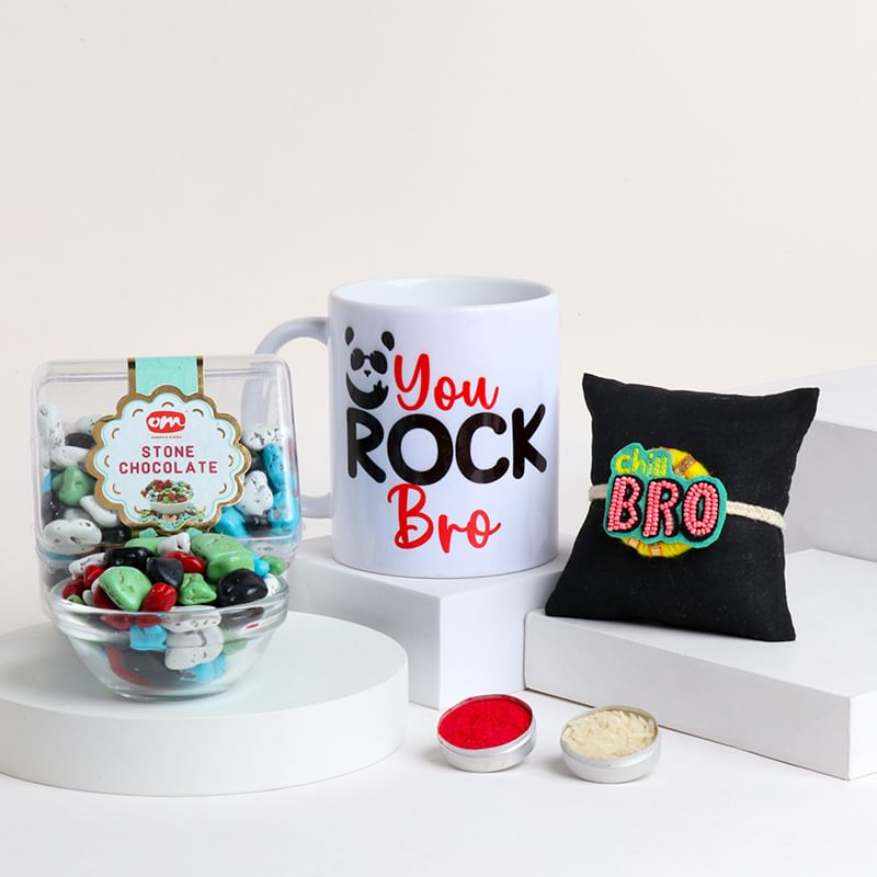 Chill Bro Quirky Rakhi With Mug N Stone Chocolates