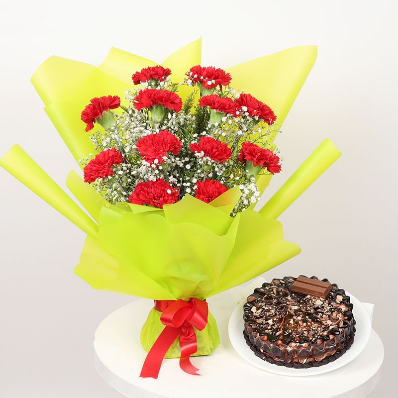 Choco Cake N Carnation Arrangement